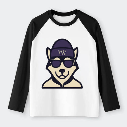 Seattle Husky wearing Washington beanie with W patch - Raglan Long Sleeve T-Shirt - Black