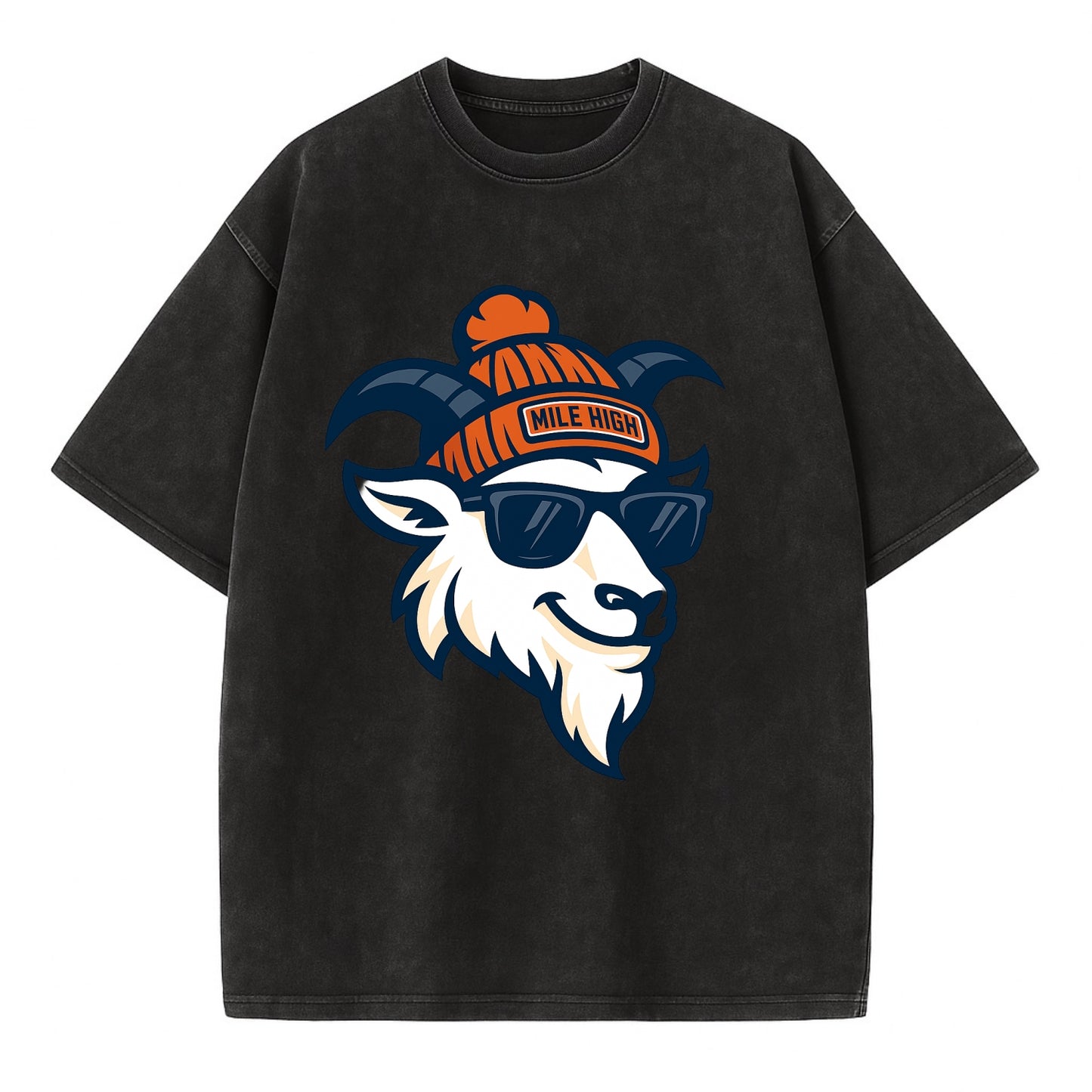 Denver Mountain Goat wearing Broncos beanie with Mile High patch and wayfarer - Vintage T-shirt - Black