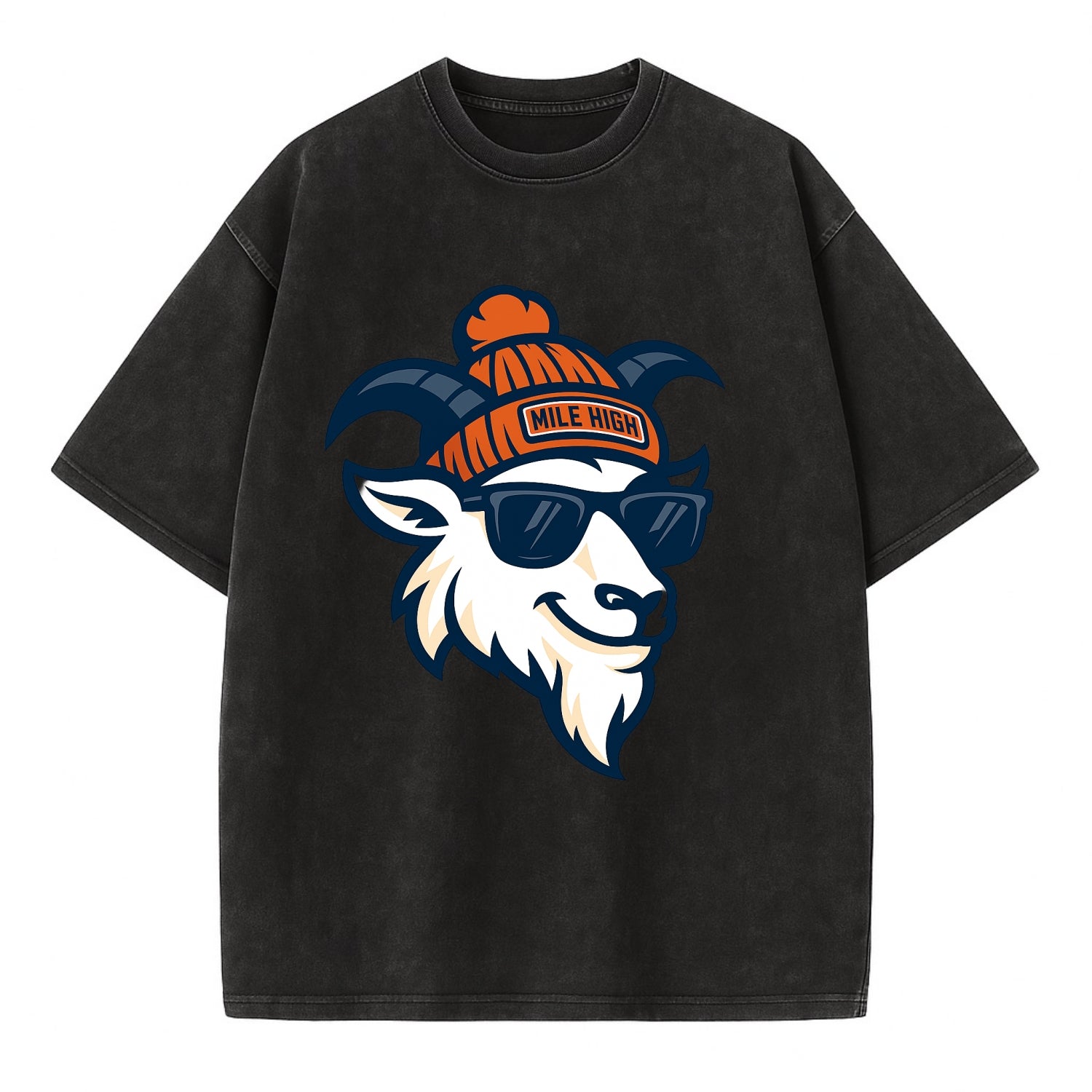 Denver Mountain Goat wearing Broncos beanie with Mile High patch and wayfarer - Vintage T-shirt - Black