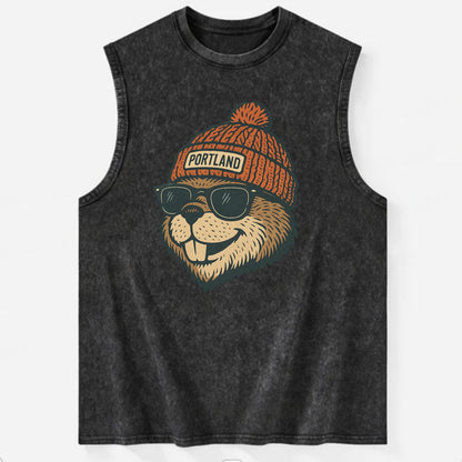 Oregon Beaver wearing Portland beanie with pom pom and wayfarer sunglasses - Vintage Washed Tank - Black