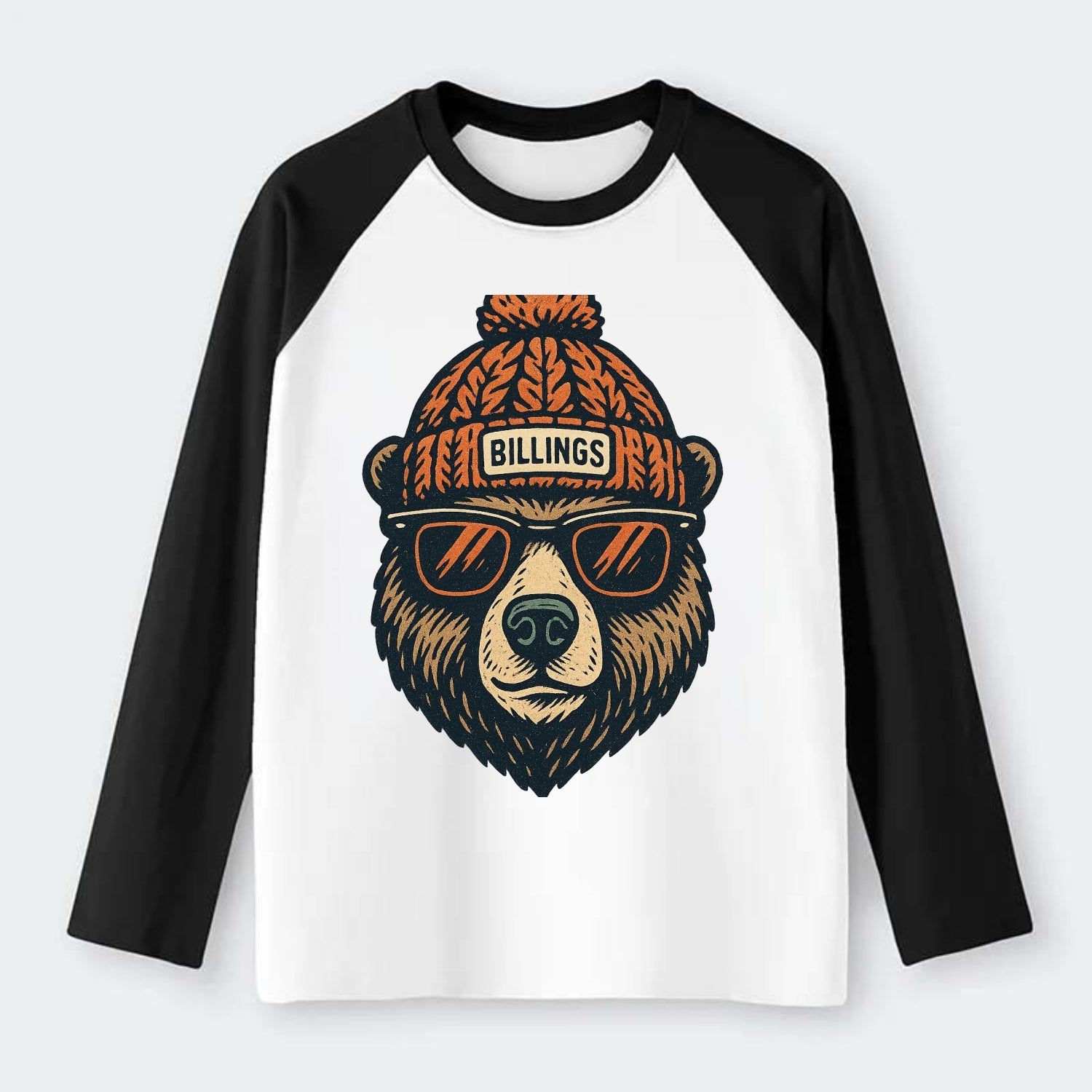 Montana Grizzly Bear wearing Billings beanie with pom pom and wayfarer - Raglan Long Sleeve T-Shirt - Black