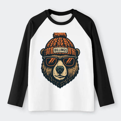 Montana Grizzly Bear wearing Billings beanie with pom pom and wayfarer - Raglan Long Sleeve T-Shirt - Black