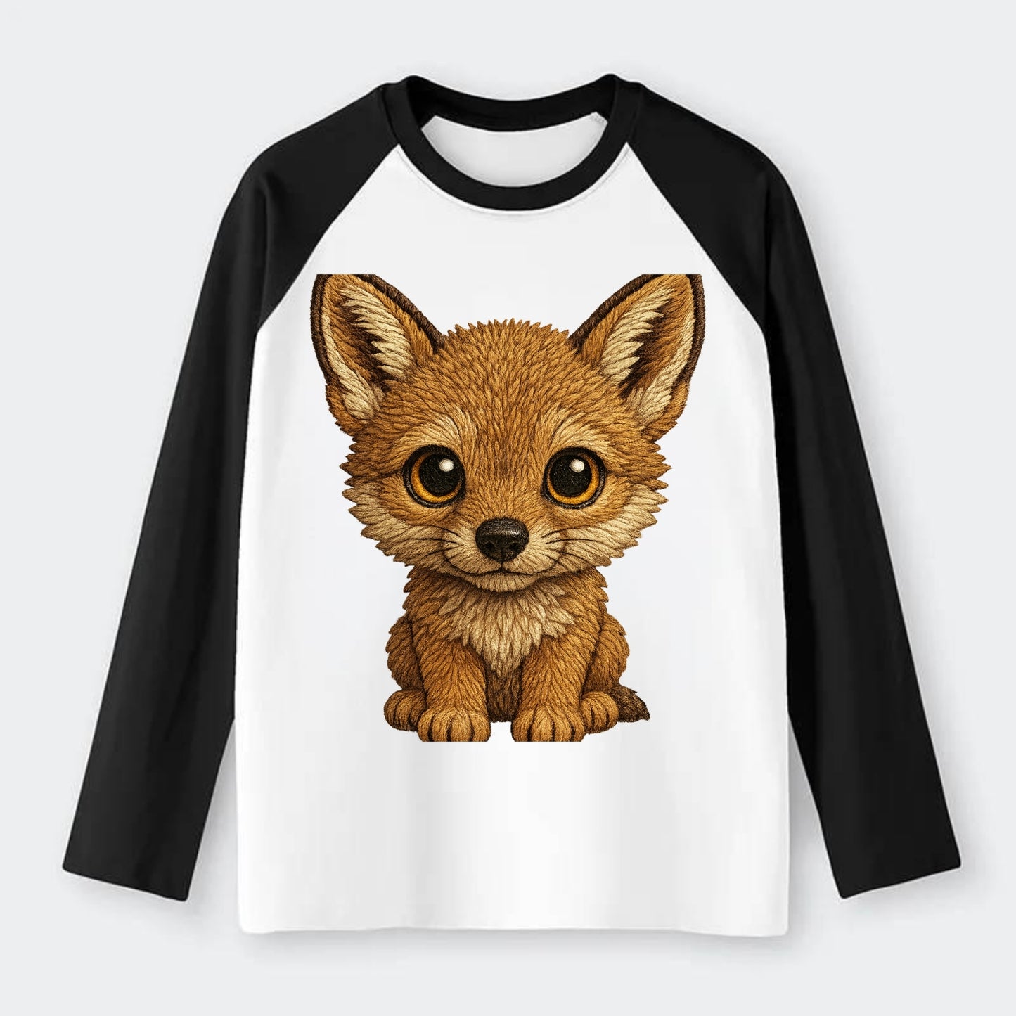 Baby Coyote Pup - tan fur, large ears, golden eyes, front-facing, - Raglan Long Sleeve T-Shirt - Black