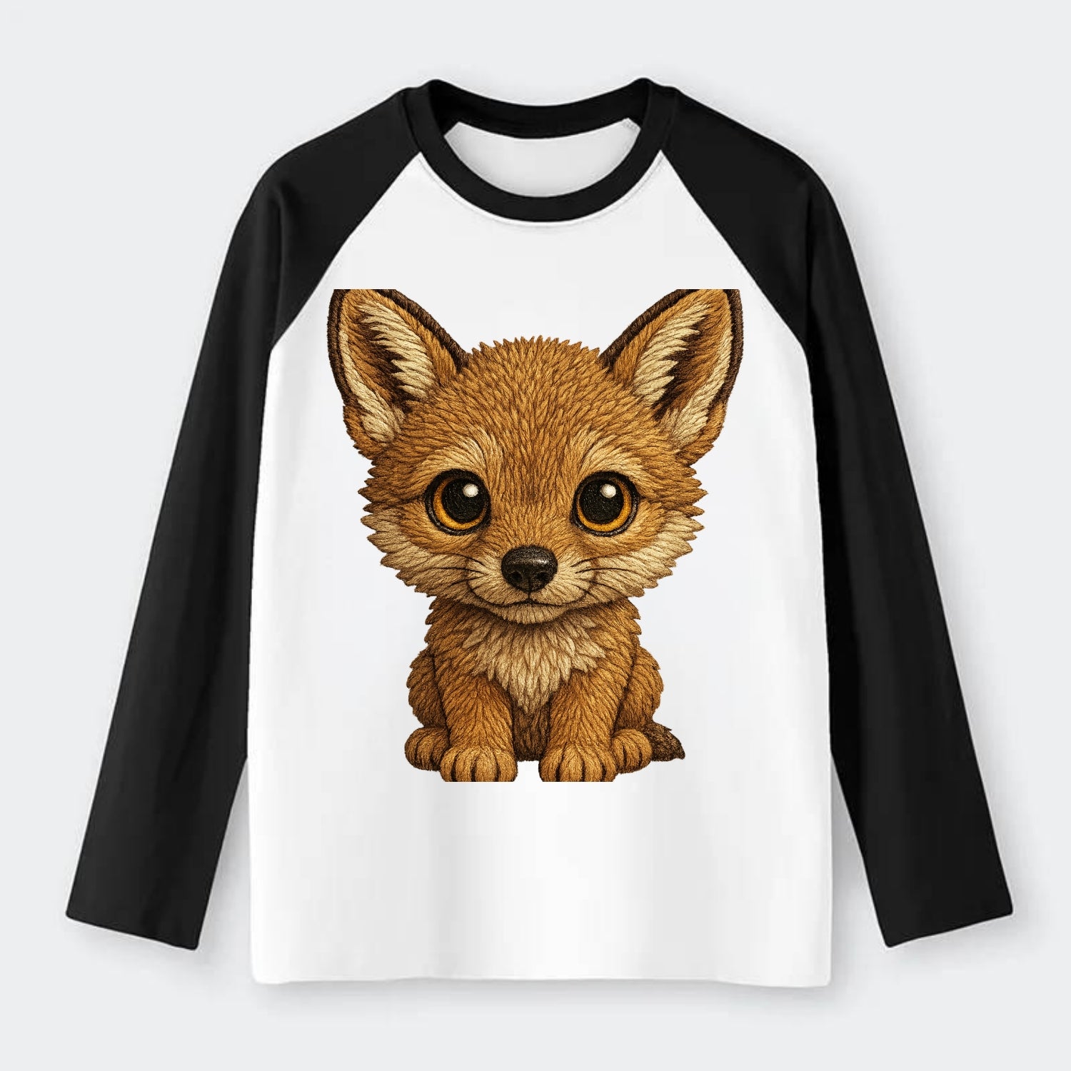 Baby Coyote Pup - tan fur, large ears, golden eyes, front-facing, - Raglan Long Sleeve T-Shirt - Black