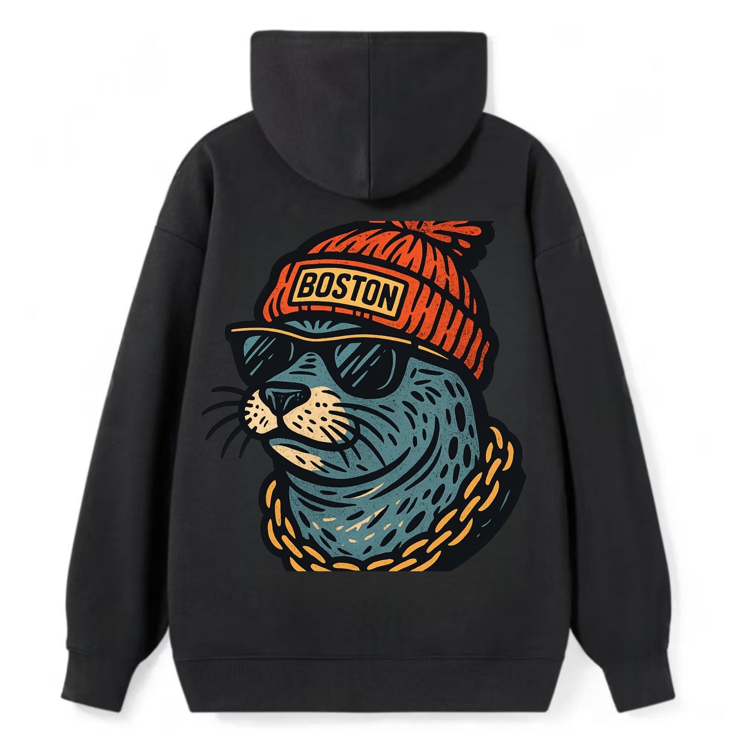 Boston Harbor Seal wearing Boston beanie with pom pom and wayfarer - Classic Pullover Hoodie - Black