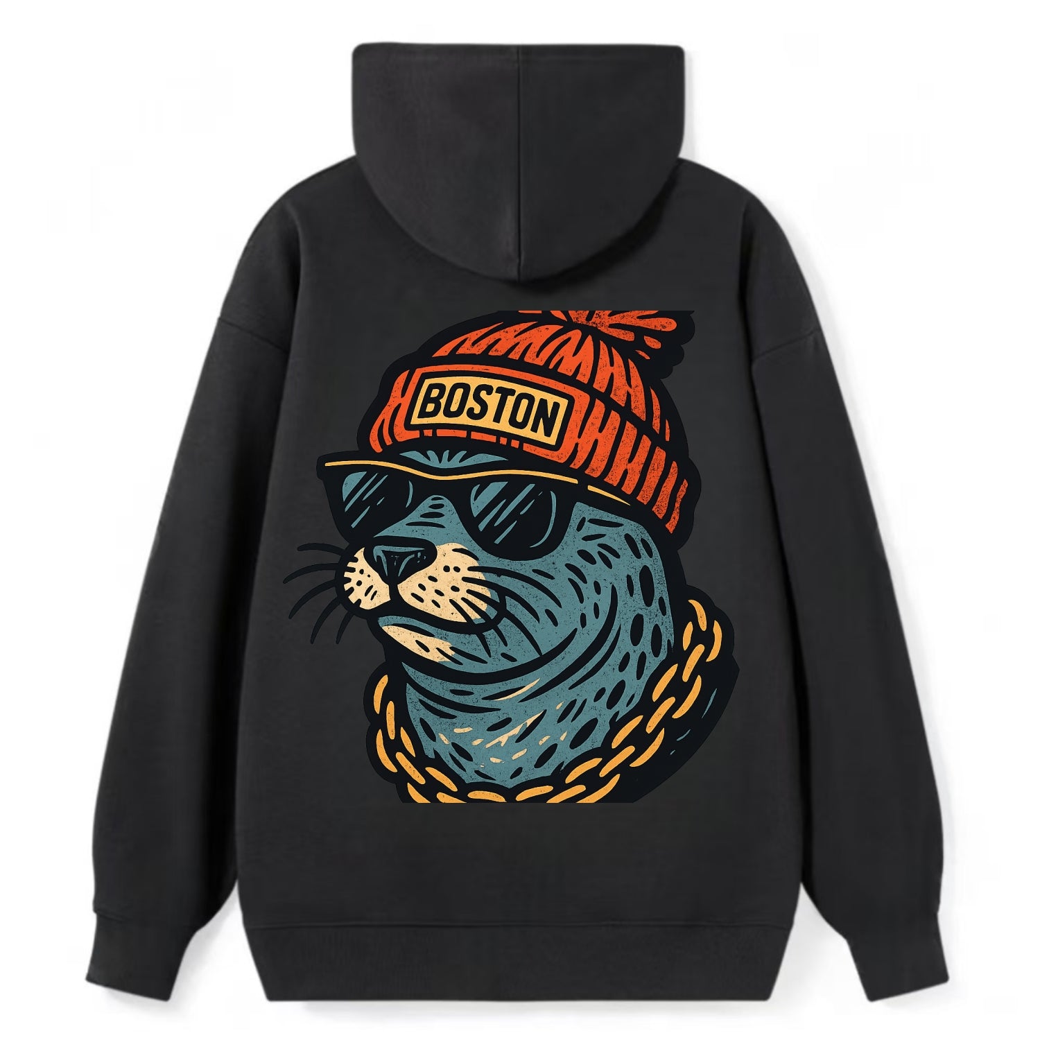 Boston Harbor Seal wearing Boston beanie with pom pom and wayfarer - Classic Pullover Hoodie - Black