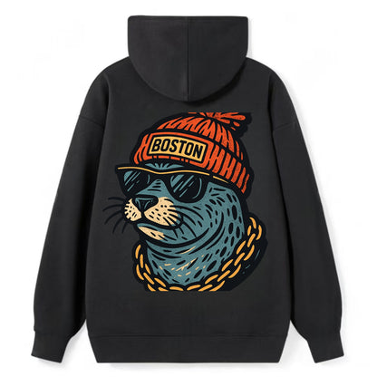 Boston Harbor Seal wearing Boston beanie with pom pom and wayfarer - Classic Pullover Hoodie - Black