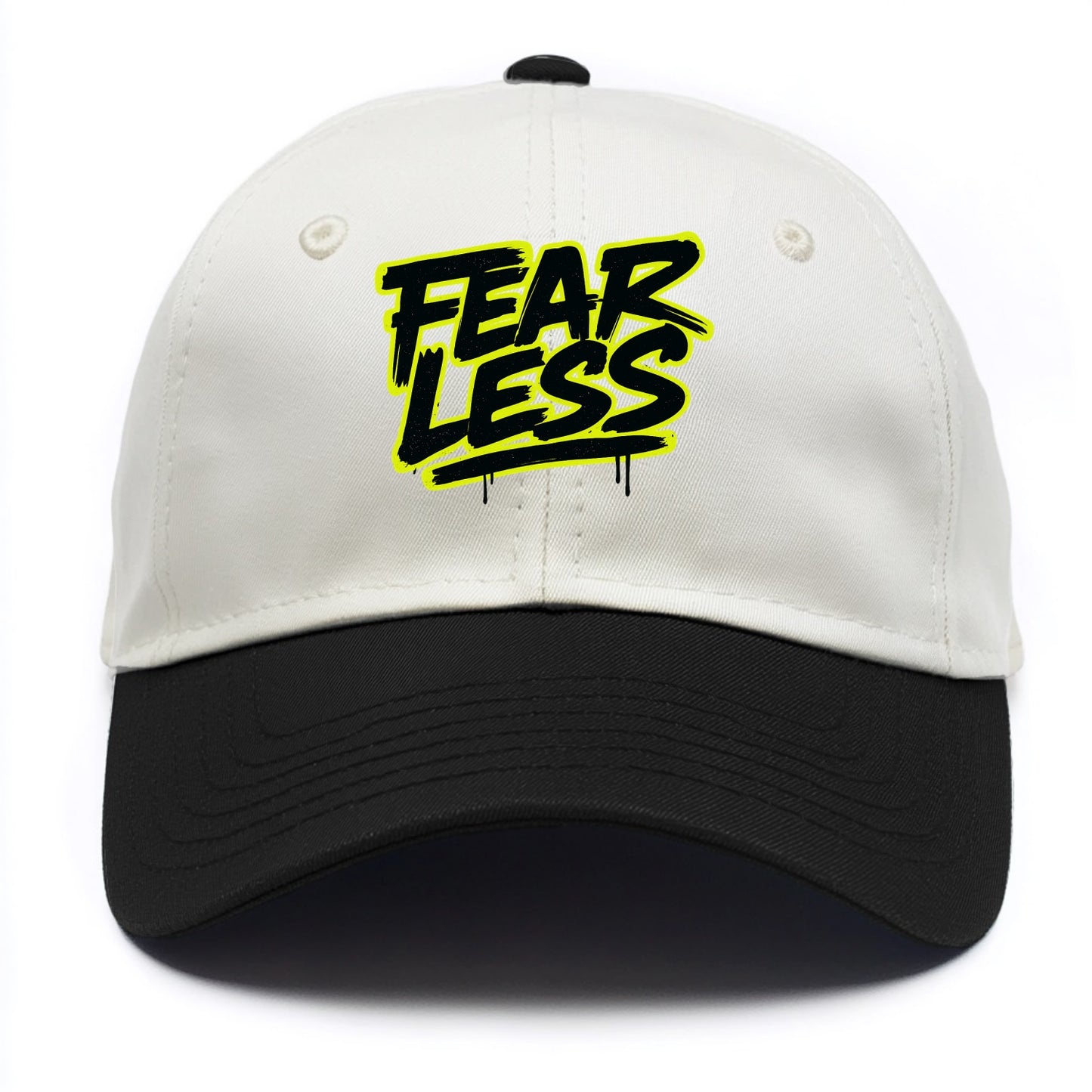 Bold typography design - "FEARLESS" - courage, bravery, facing challenges head on - Two Tone Cap - Black