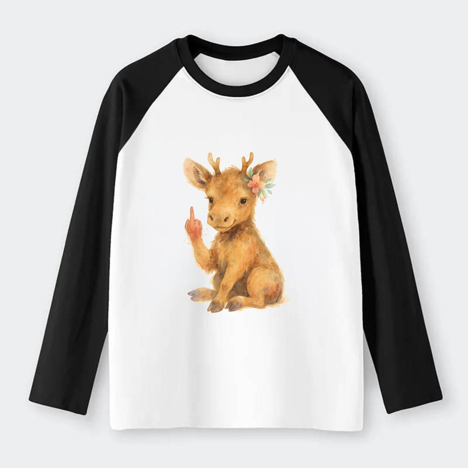 baby moose with adorable tiny antlers, one hoof raised in attitude - Raglan Long Sleeve T-Shirt - Black