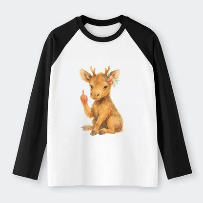 baby moose with adorable tiny antlers, one hoof raised in attitude - Raglan Long Sleeve T-Shirt - Black
