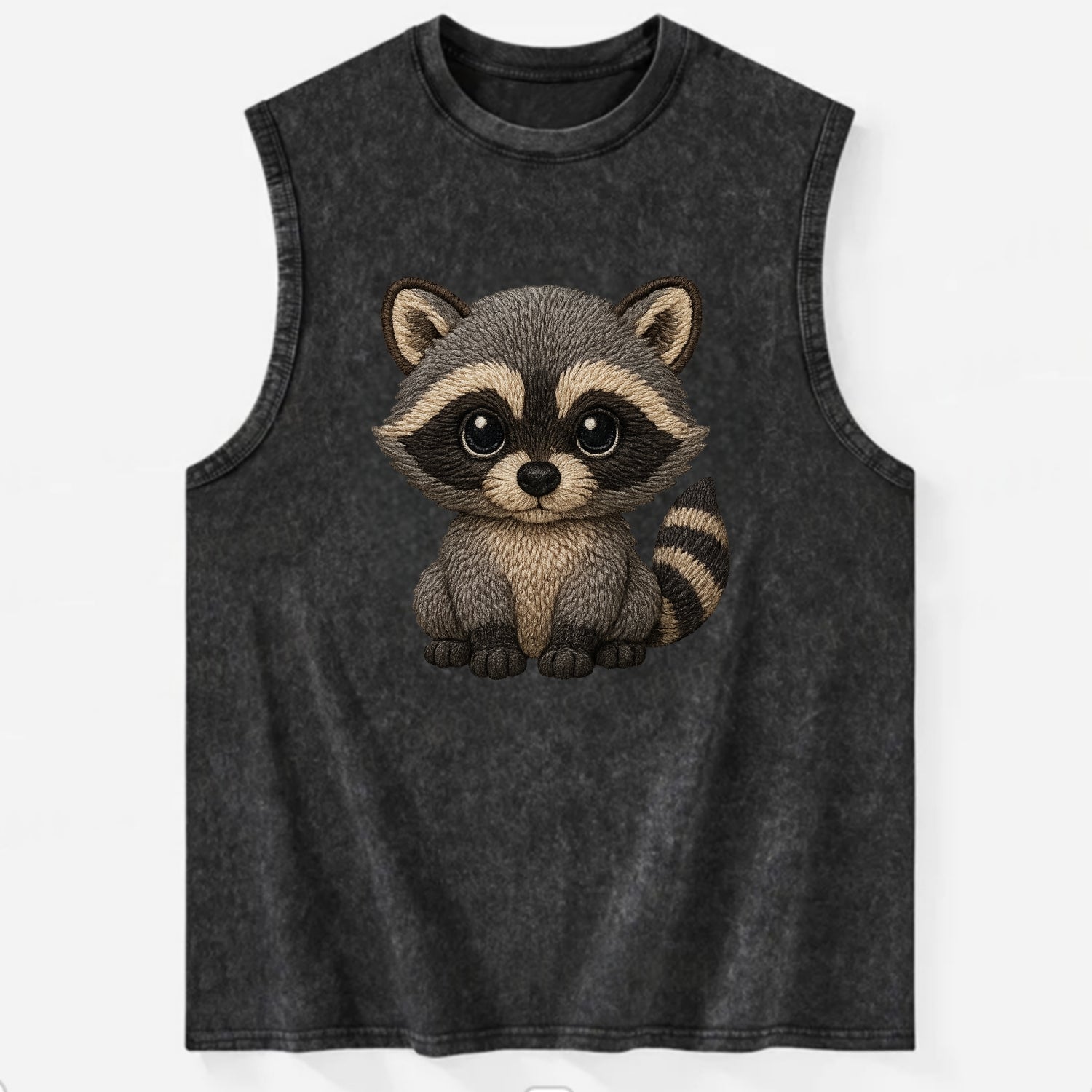 Baby Raccoon - gray fur, black mask, ringed tail, bright curious eyes, - Vintage Washed Tank - Black