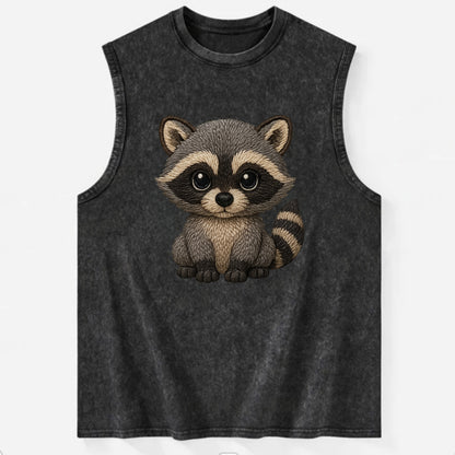 Baby Raccoon - gray fur, black mask, ringed tail, bright curious eyes, - Vintage Washed Tank - Black