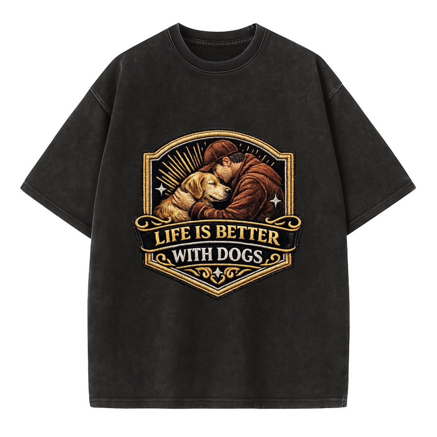 LIFE IS BETTER WITH DOGS - dog and human in brown , dog lover - Vintage T-shirt - Black