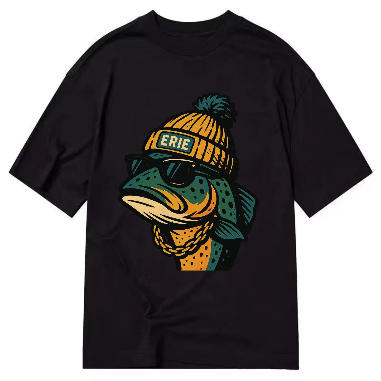 Erie Lake Trout wearing Erie beanie with pom pom and wayfarer sunglasses - Classic T-shirt - Black