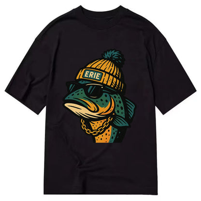 Erie Lake Trout wearing Erie beanie with pom pom and wayfarer sunglasses - Classic T-shirt - Black