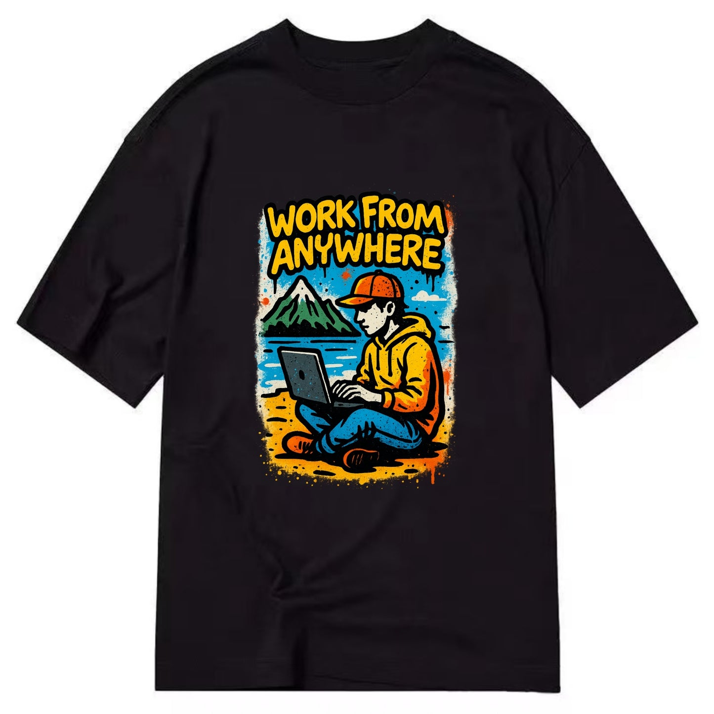 Digital nomad with laptop on beach/mountain - work from anywhere lifestyle, - Classic T-shirt - Black