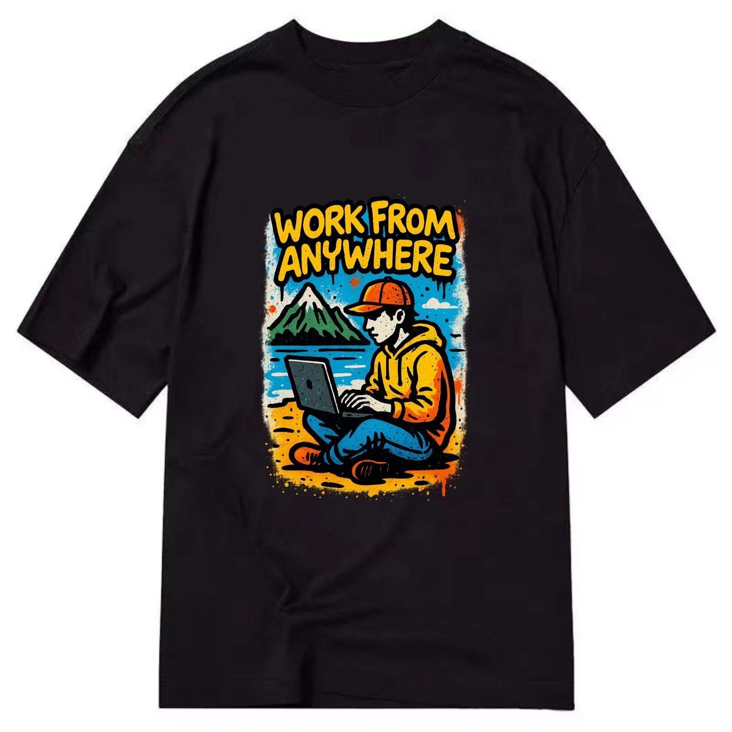 Digital nomad with laptop on beach/mountain - work from anywhere lifestyle, - Classic T-shirt - Black