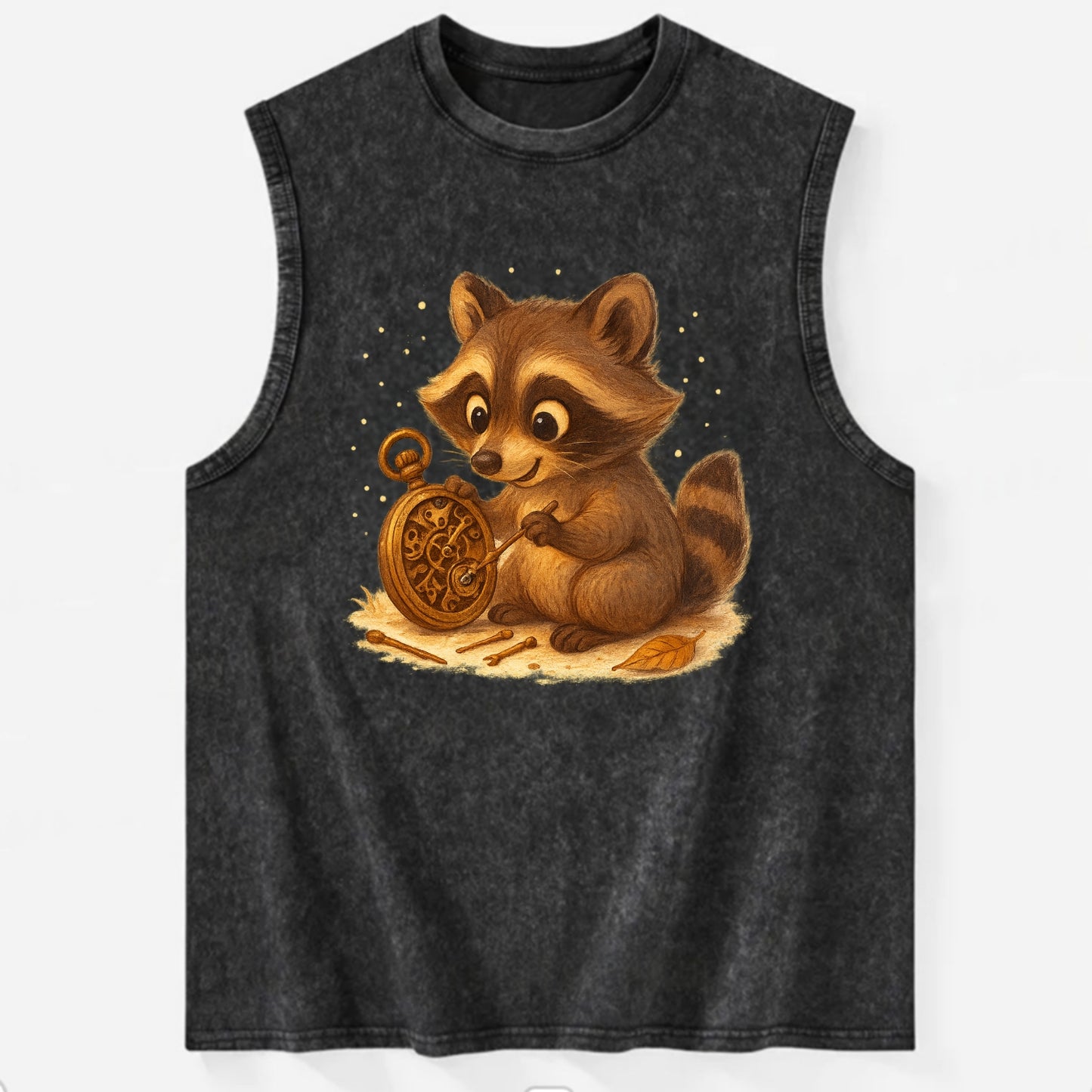 Raccoon tinkering with a steampunk pocket watch using tiny brass tools - Vintage Washed Tank - Black
