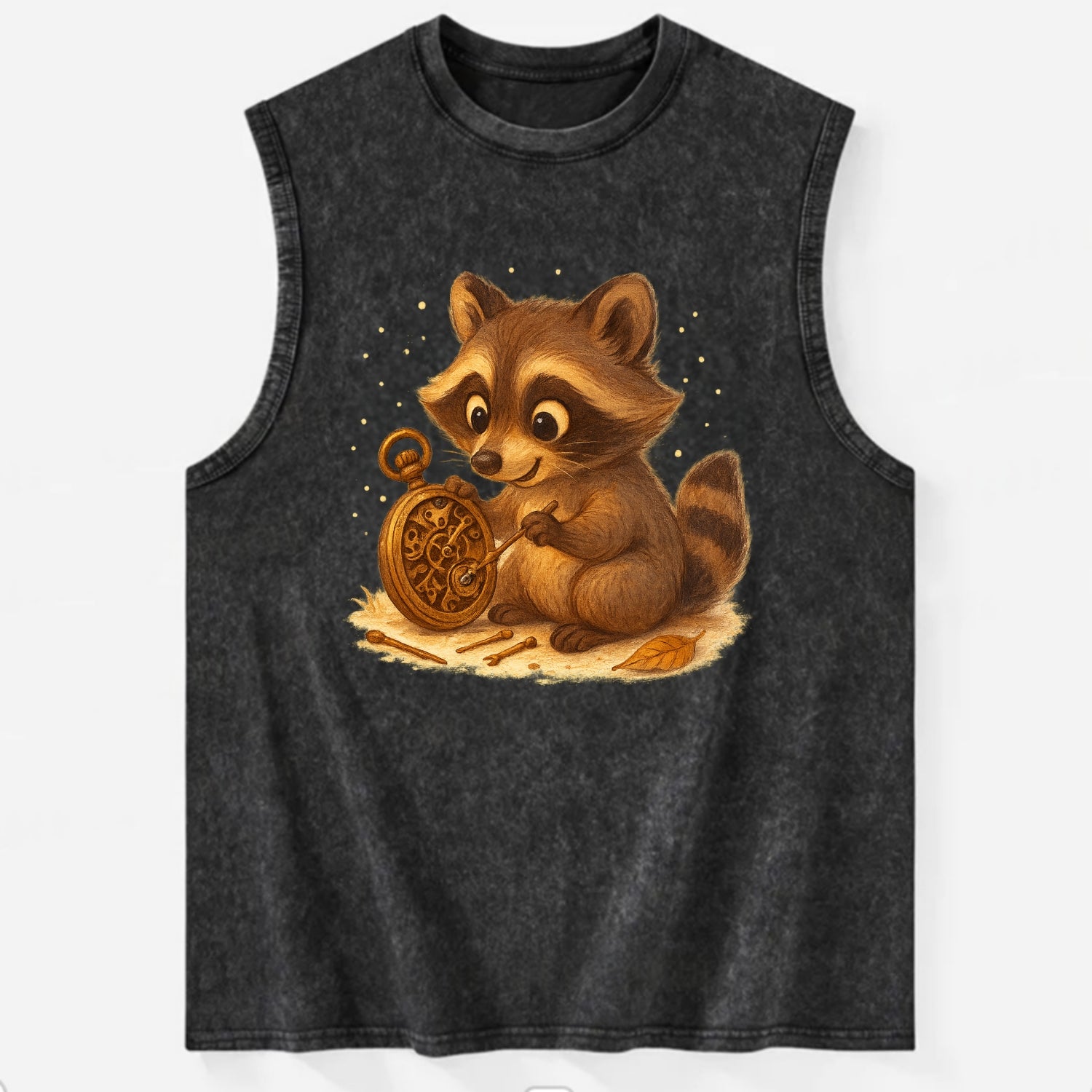 Raccoon tinkering with a steampunk pocket watch using tiny brass tools - Vintage Washed Tank - Black