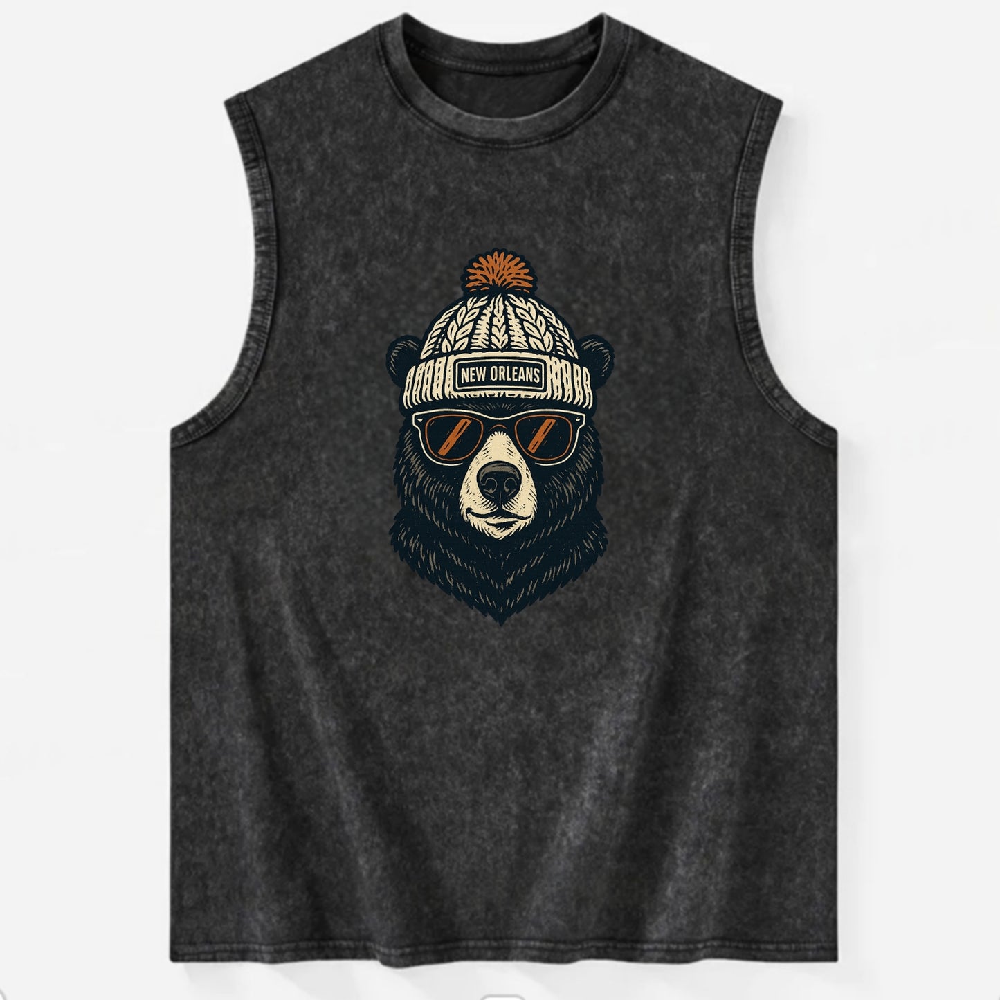 Louisiana Black Bear wearing New Orleans beanie with pom pom and wayfarer - Vintage Washed Tank - Black