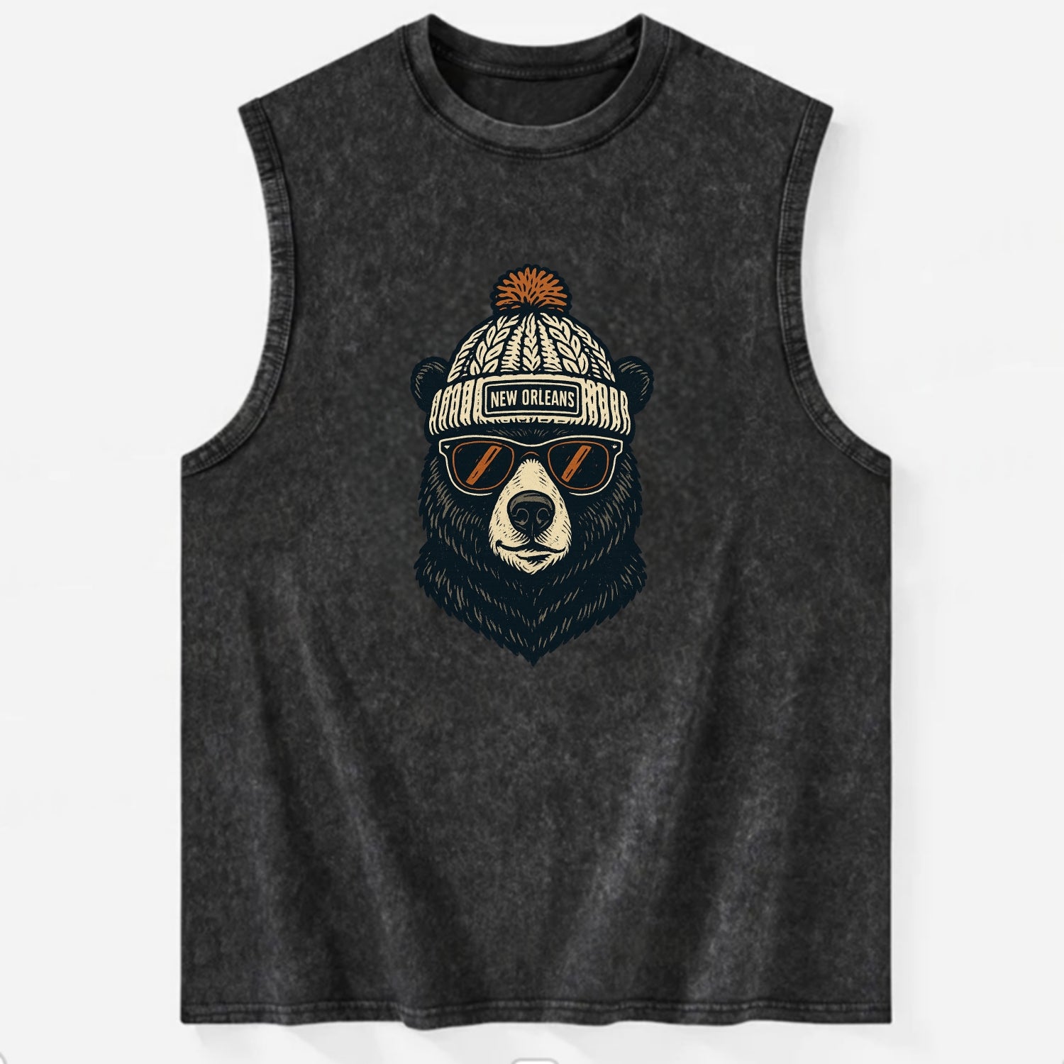 Louisiana Black Bear wearing New Orleans beanie with pom pom and wayfarer - Vintage Washed Tank - Black