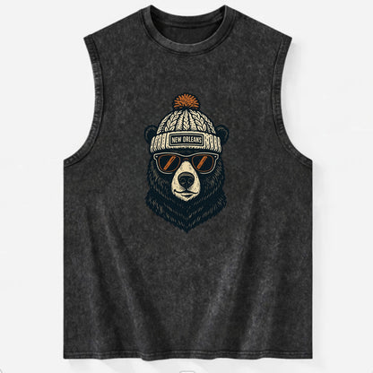 Louisiana Black Bear wearing New Orleans beanie with pom pom and wayfarer - Vintage Washed Tank - Black