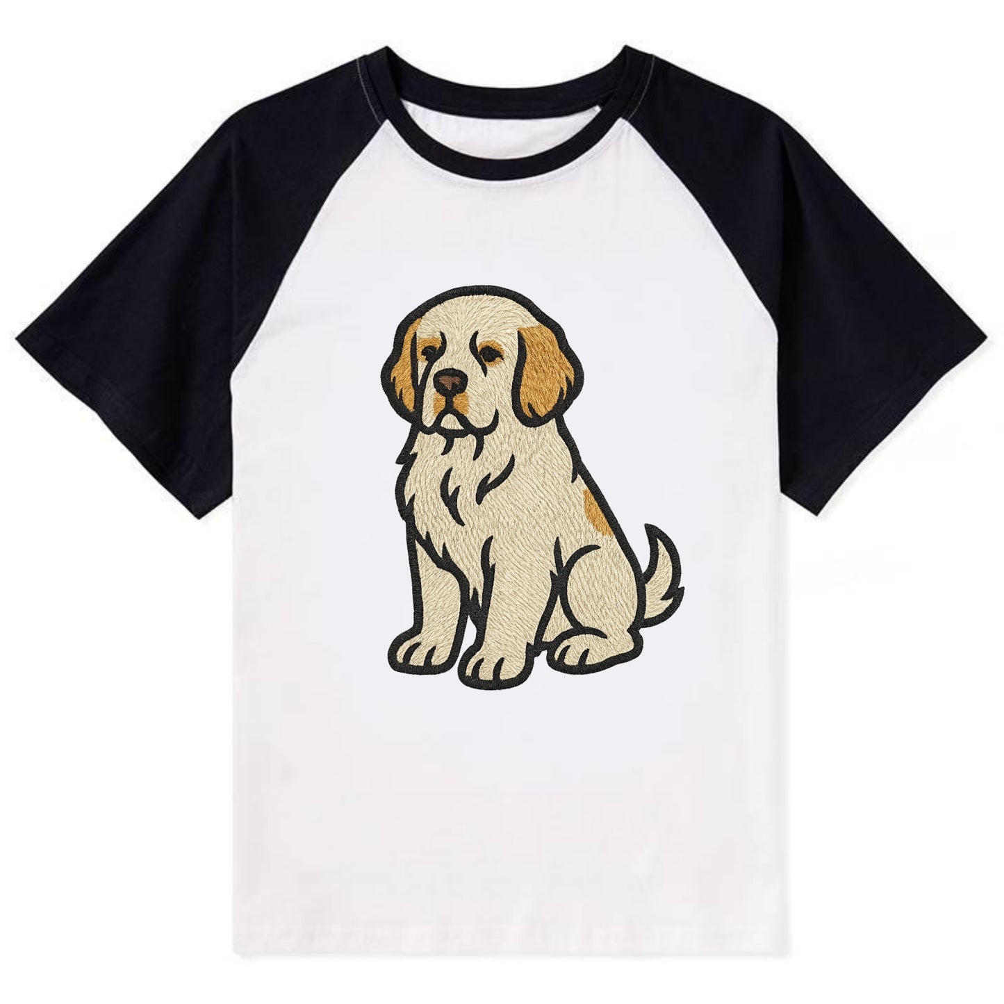 Clumber Spaniel - White with lemon markings embroidered pose - Contrast Raglan T-shirt - Black