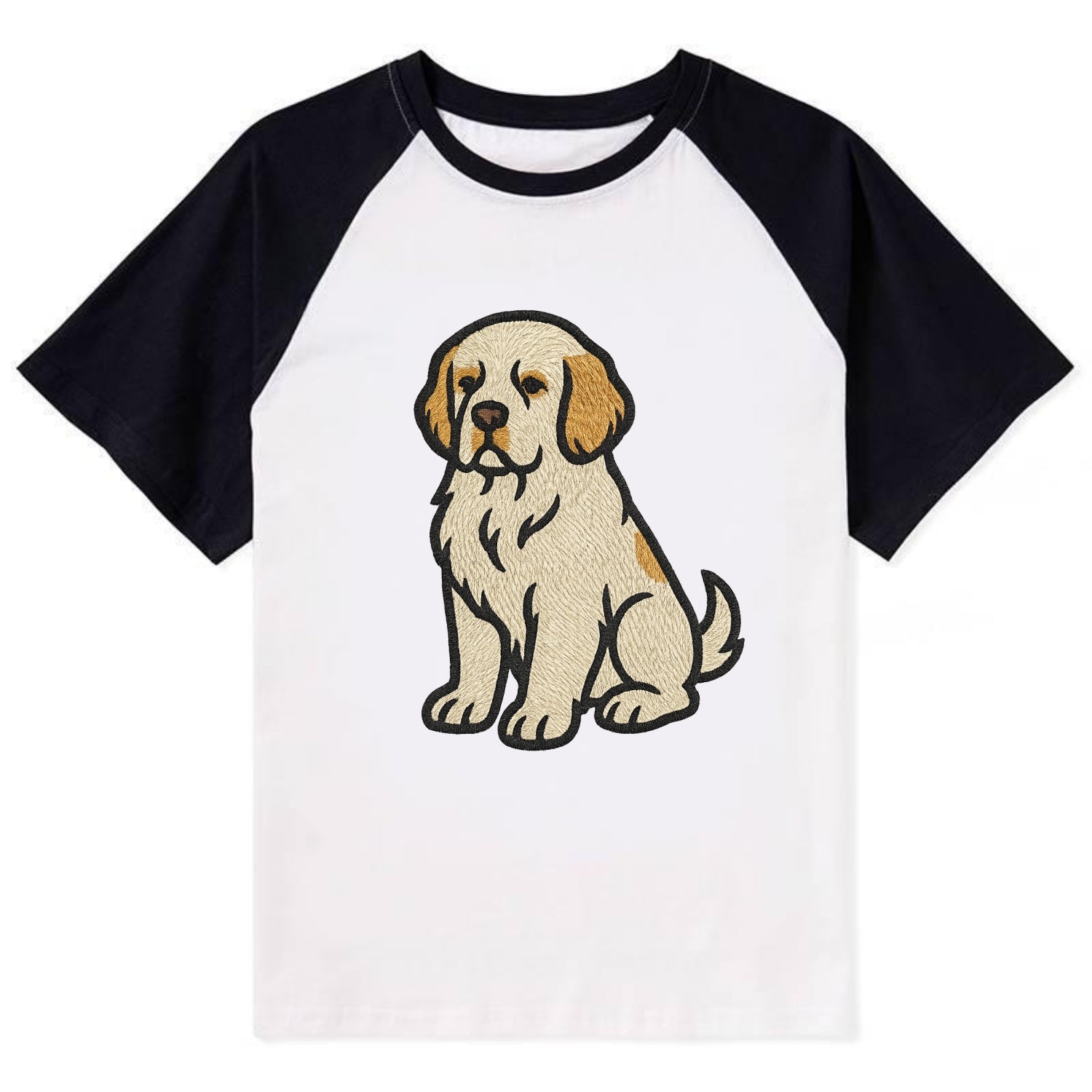Clumber Spaniel - White with lemon markings embroidered pose - Contrast Raglan T-shirt - Black
