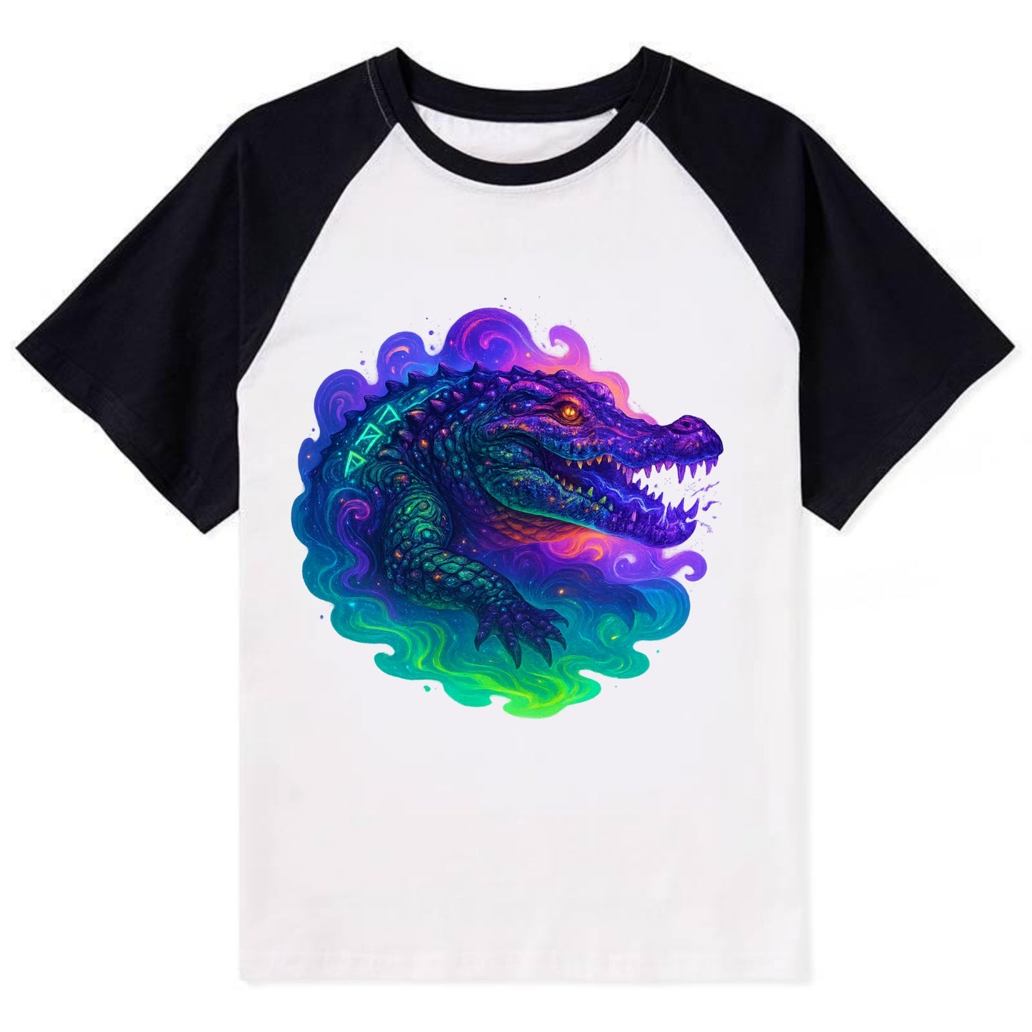 Primordial crocodile with scales pulsing plasma energy in green and - Contrast Raglan T-shirt - Black