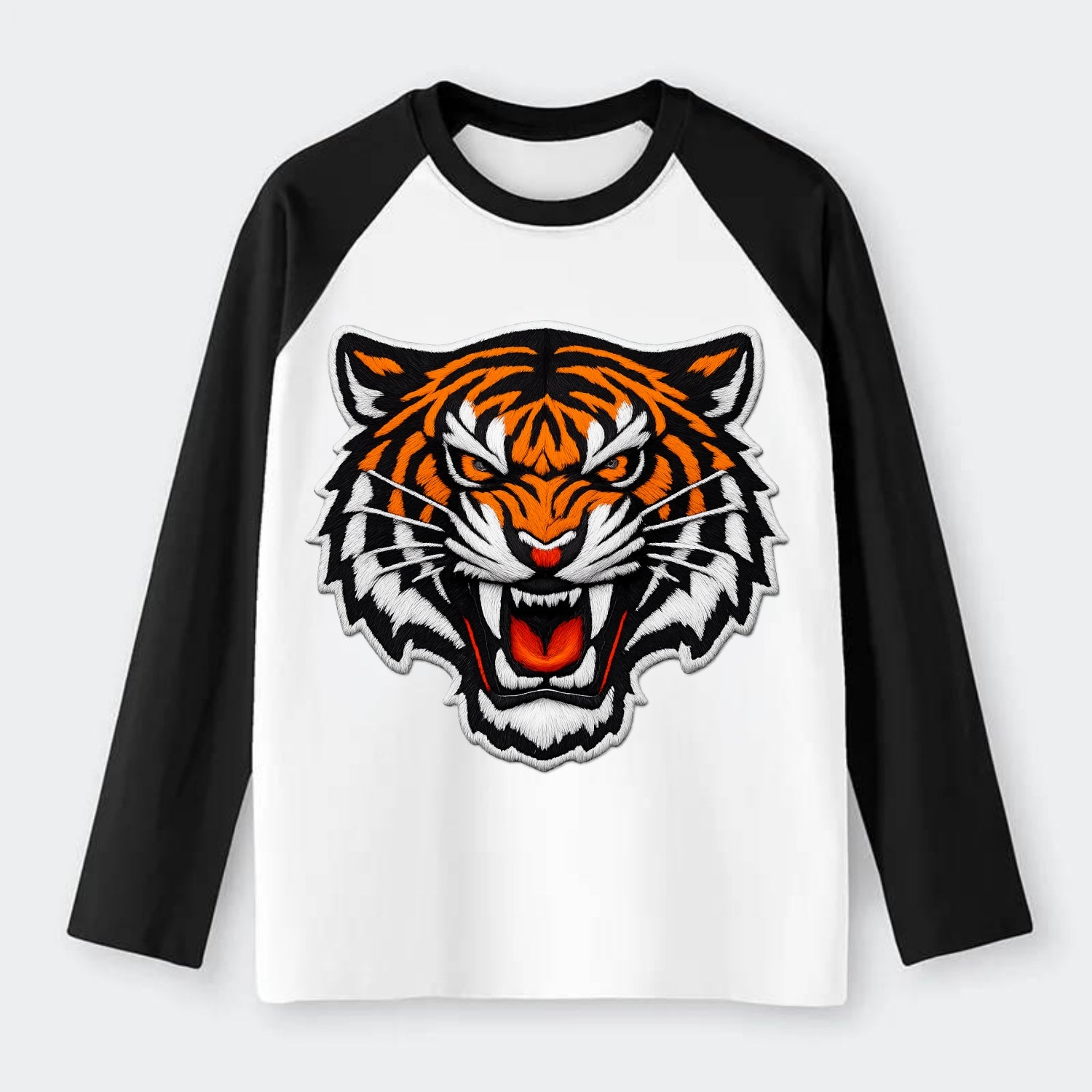 TIGER STRIPES FACE - fierce tiger face in orange, black and white , - Raglan Long Sleeve T-Shirt - Black