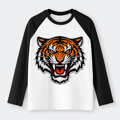 TIGER STRIPES FACE - fierce tiger face in orange, black and white , - Raglan Long Sleeve T-Shirt - Black