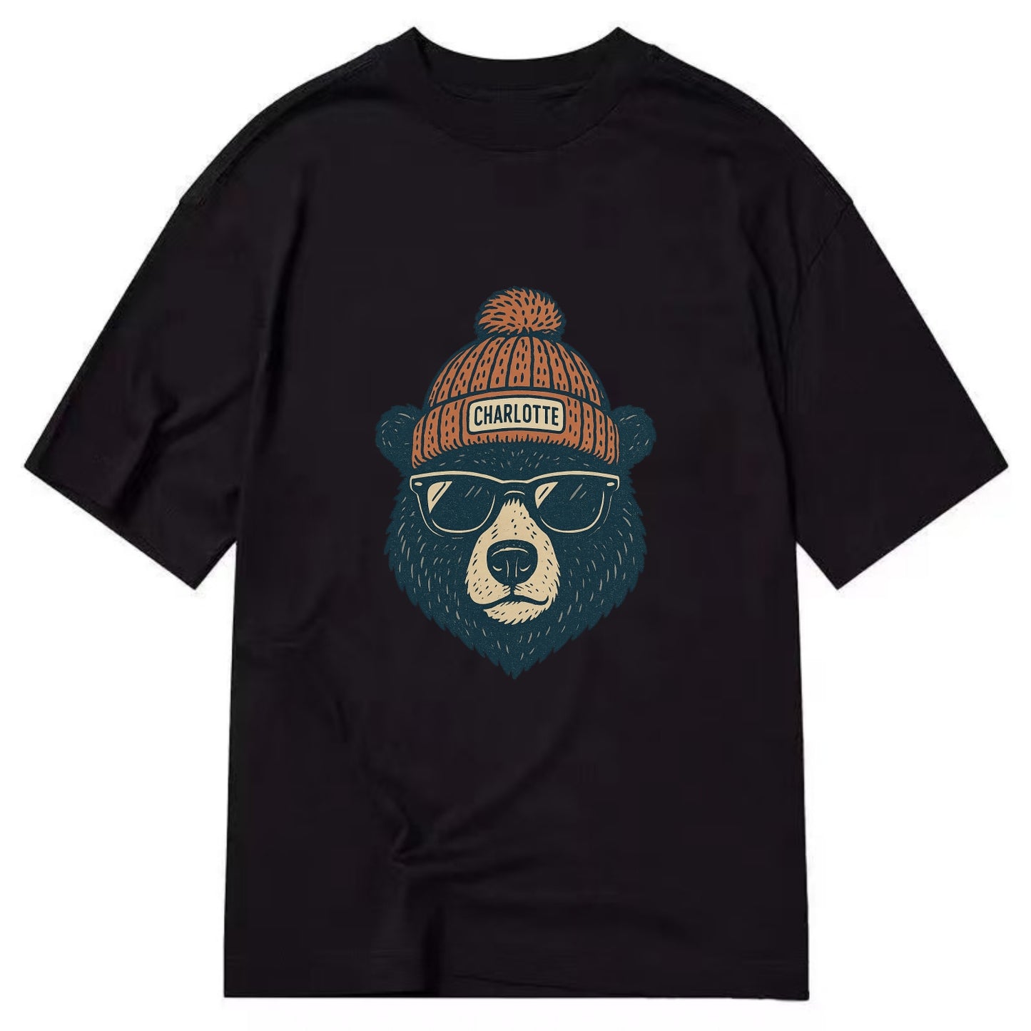 North Carolina Black Bear wearing Charlotte beanie with pom pom and wayfarer - Classic T-shirt - Black