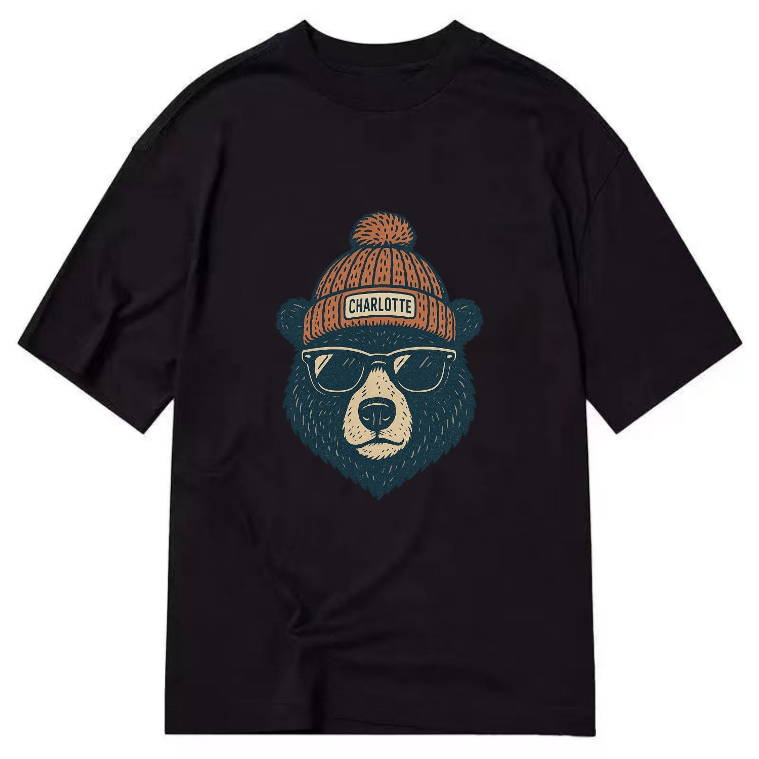North Carolina Black Bear wearing Charlotte beanie with pom pom and wayfarer - Classic T-shirt - Black
