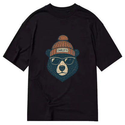 North Carolina Black Bear wearing Charlotte beanie with pom pom and wayfarer - Classic T-shirt - Black