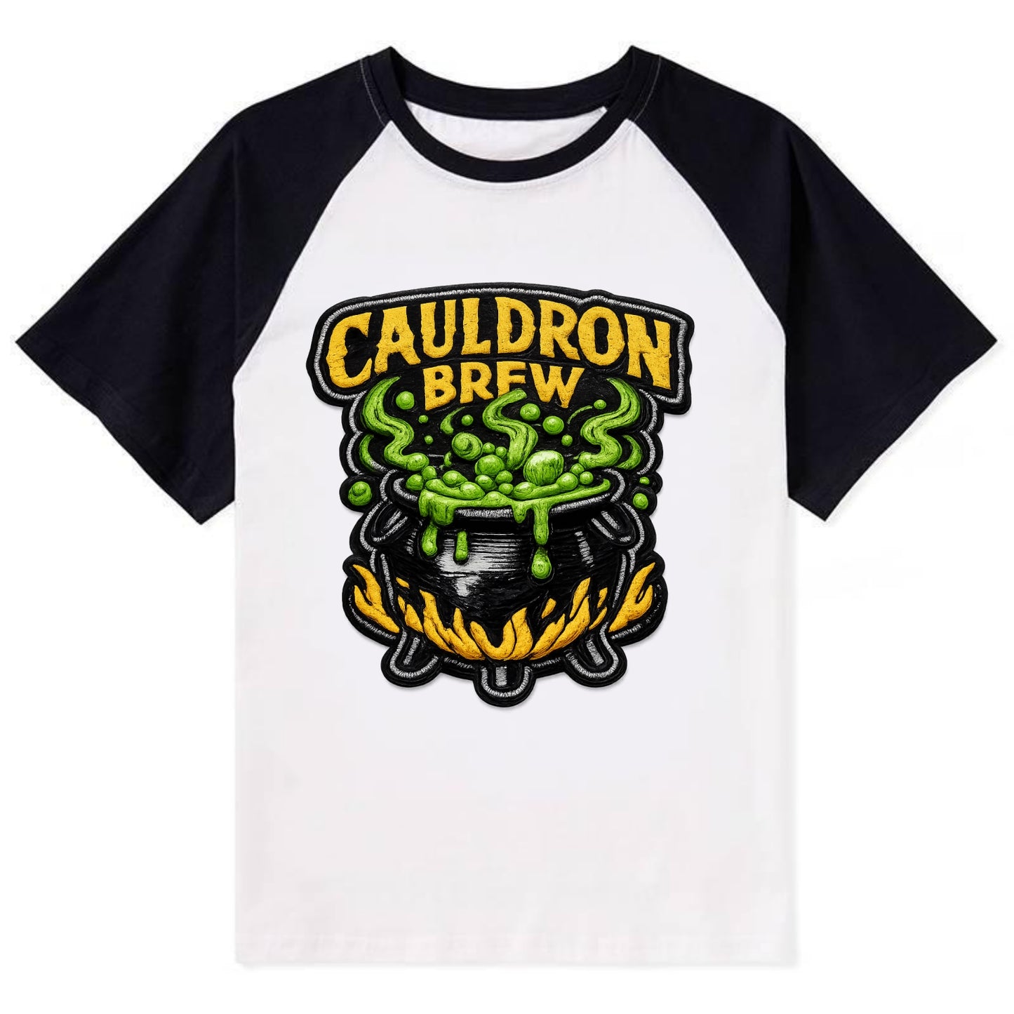 CAULDRON BREW - bubbling pot in black and green , witch craft - Contrast Raglan T-shirt - Black