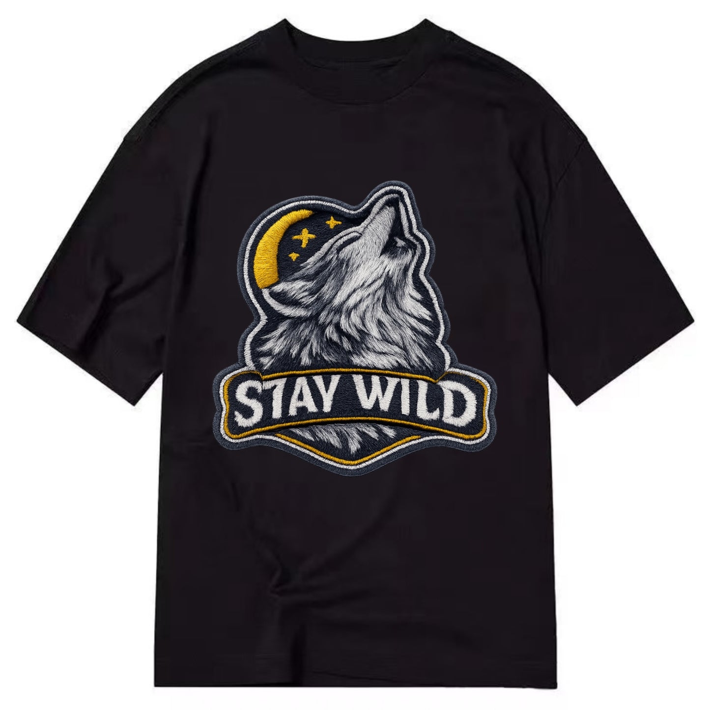 STAY WILD - wolf with text in gray , free spirit - Classic T-shirt - Black