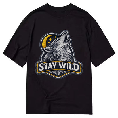 STAY WILD - wolf with text in gray , free spirit - Classic T-shirt - Black