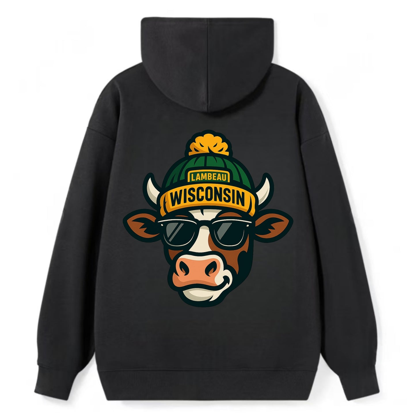 Wisconsin Cow wearing Packers beanie with Lambeau patch and wayfarer - Classic Pullover Hoodie - Black