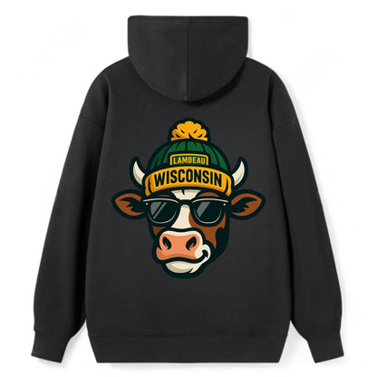 Wisconsin Cow wearing Packers beanie with Lambeau patch and wayfarer - Classic Pullover Hoodie - Black