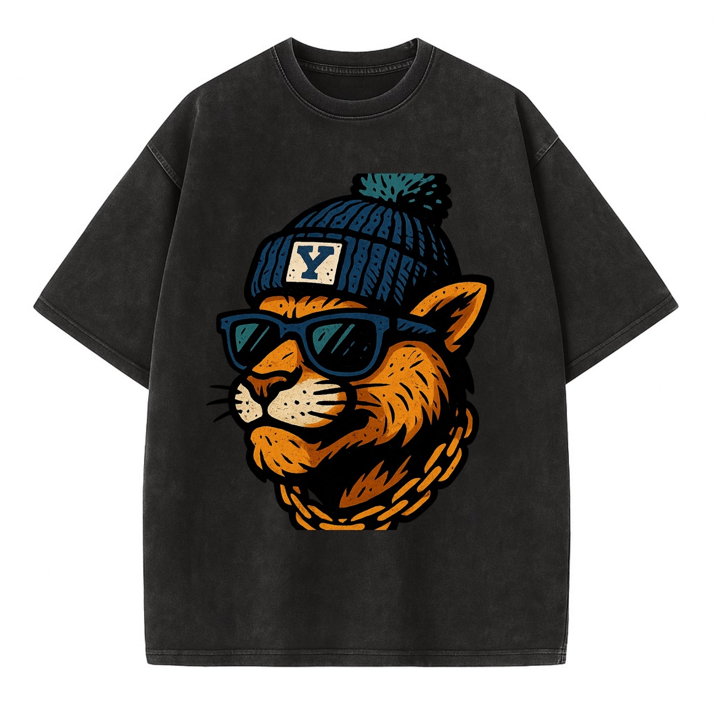 Provo Cougar wearing BYU beanie with Y patch - Vintage T-shirt - Black