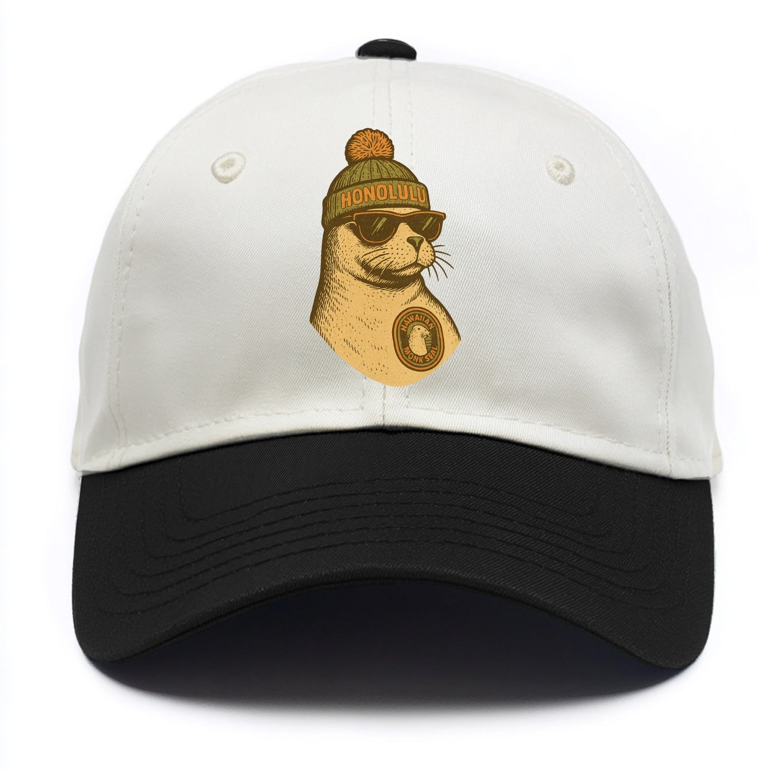 Hawaii Monk Seal wearing Honolulu beanie with pom pom and wayfarer sunglasses - Two Tone Cap - Black