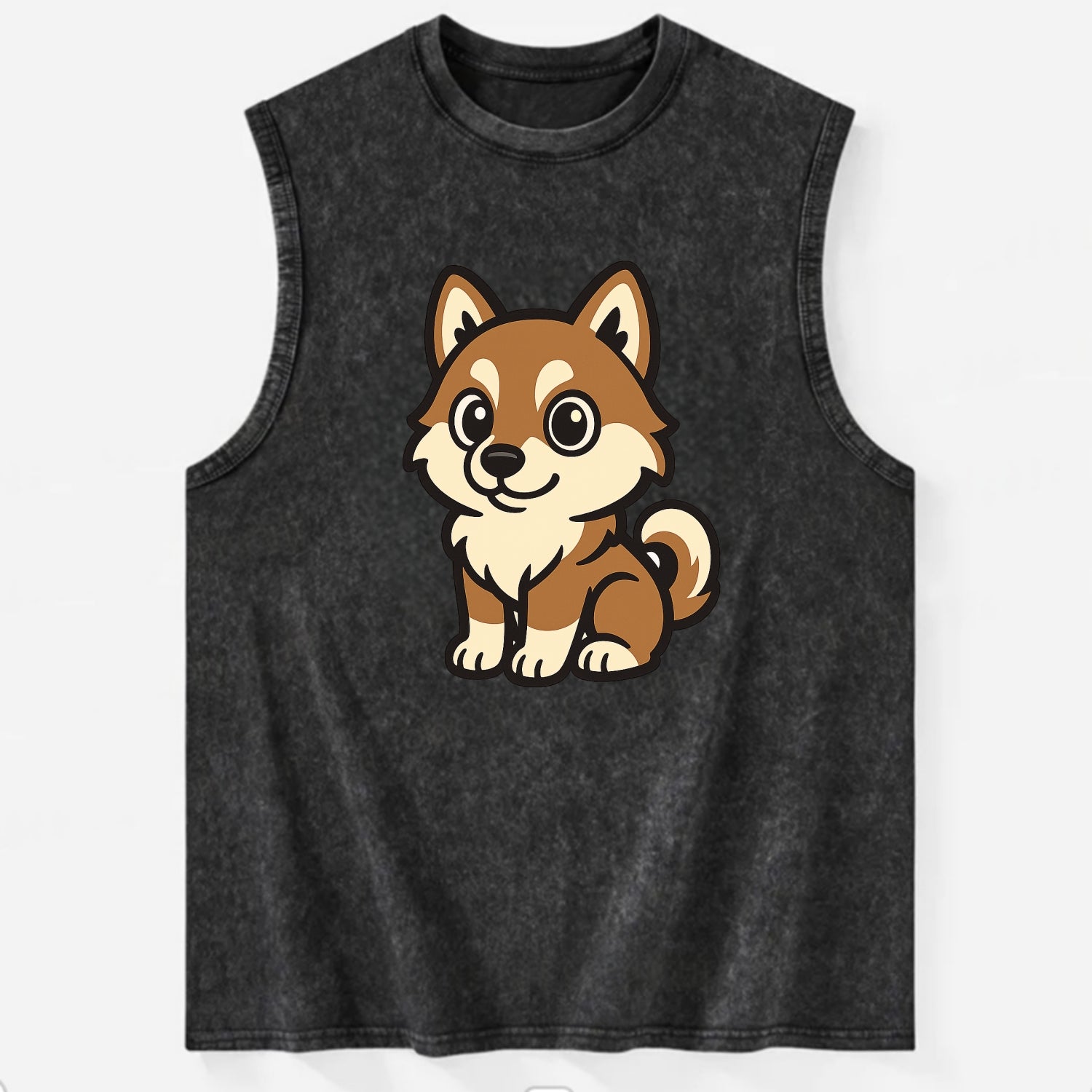 Pomsky - Pomeranian-Husky mix sitting pose - Vintage Washed Tank - Black