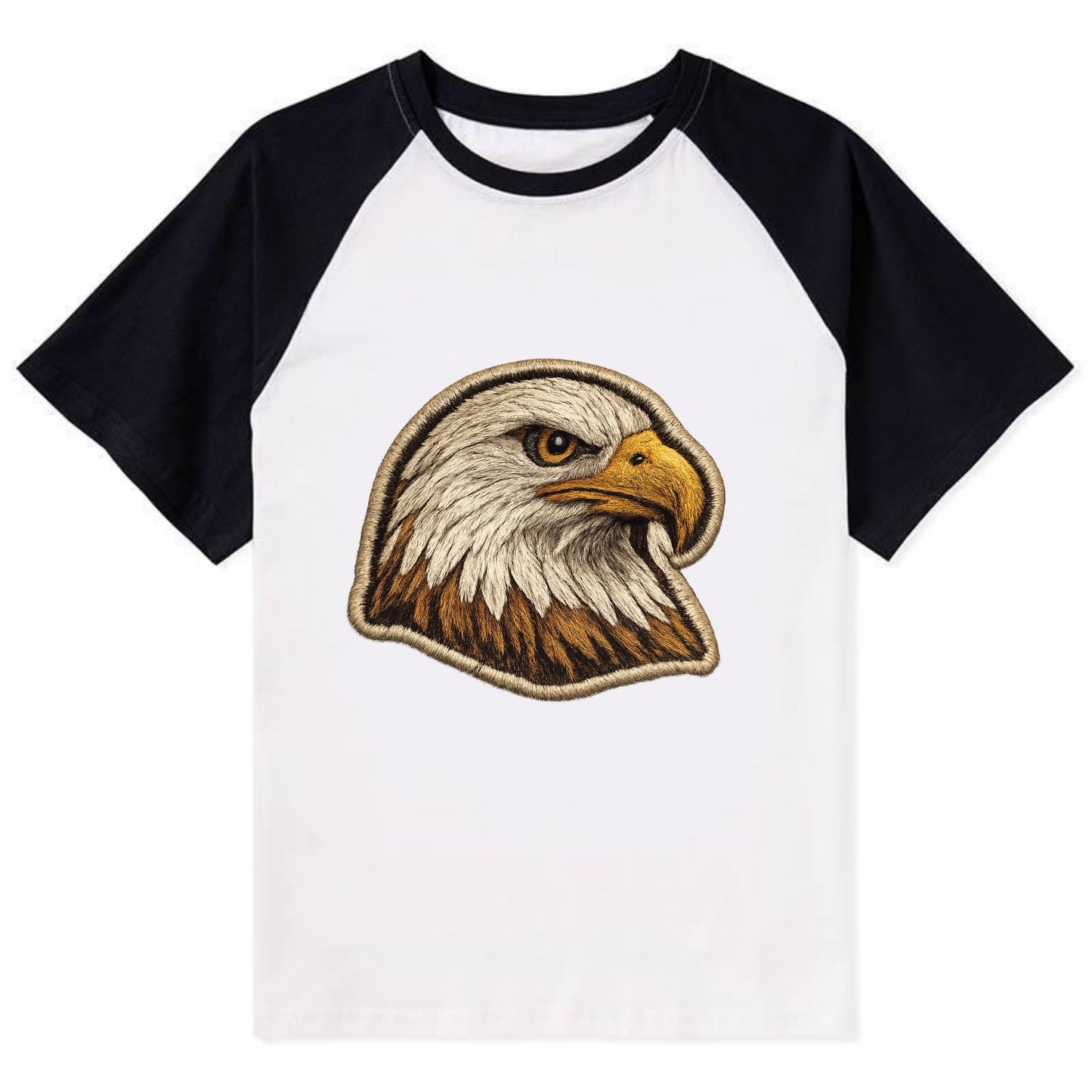 EAGLE HEAD PROFILE - majestic bald eagle in brown, white and gold , - Contrast Raglan T-shirt - Black