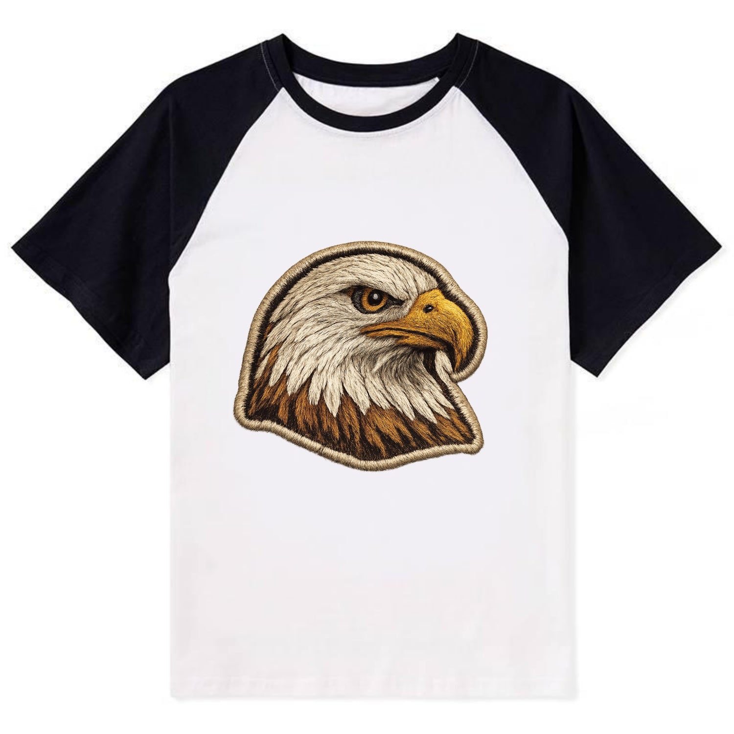 EAGLE HEAD PROFILE - majestic bald eagle in brown, white and gold , - Contrast Raglan T-shirt - Black