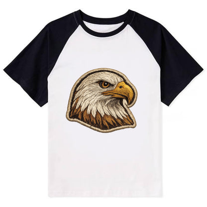EAGLE HEAD PROFILE - majestic bald eagle in brown, white and gold , - Contrast Raglan T-shirt - Black