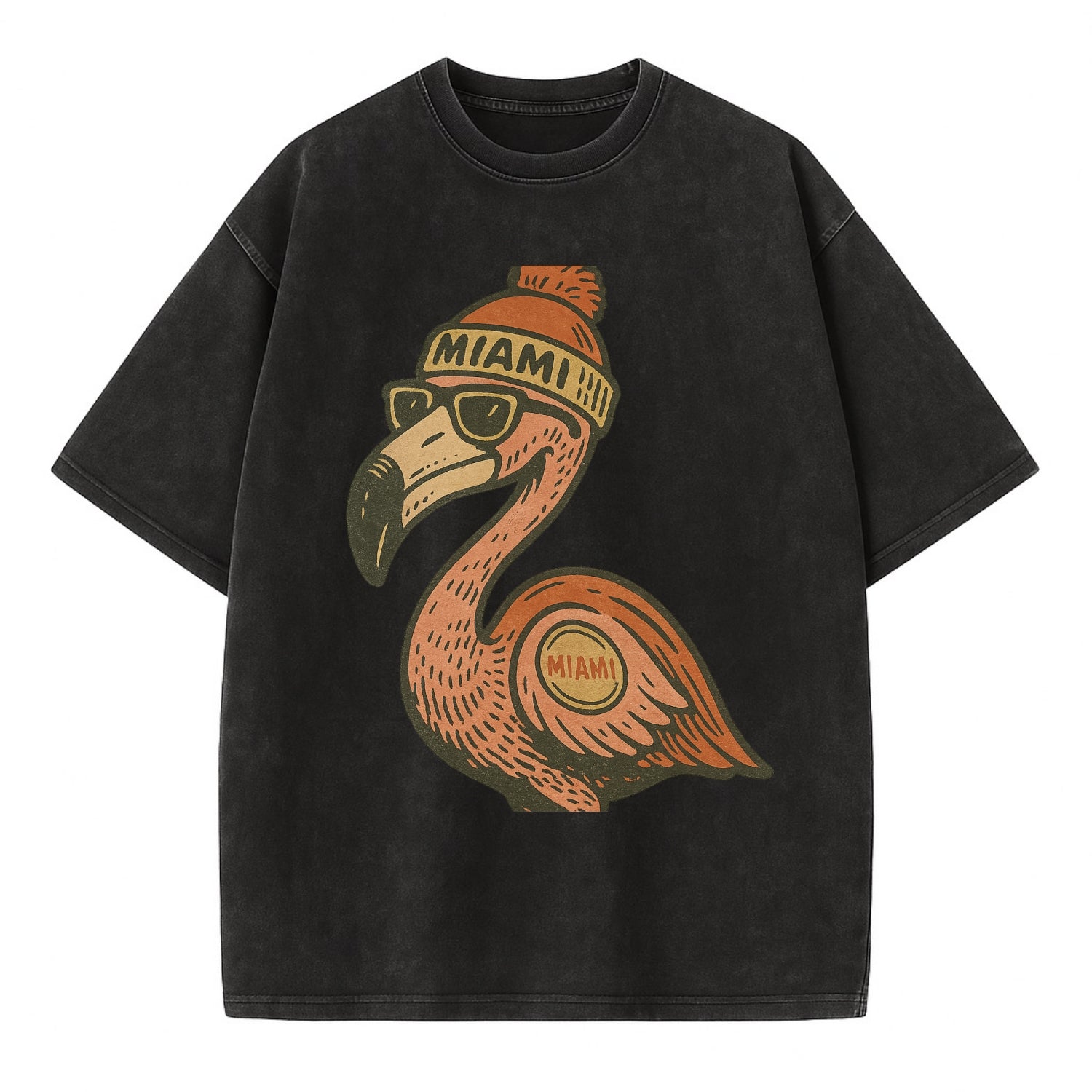 Miami Flamingo wearing Miami beanie with pom pom and wayfarer sunglasses - Vintage T-shirt - Black