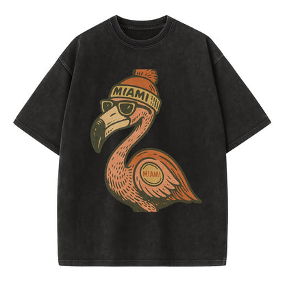 Miami Flamingo wearing Miami beanie with pom pom and wayfarer sunglasses - Vintage T-shirt - Black