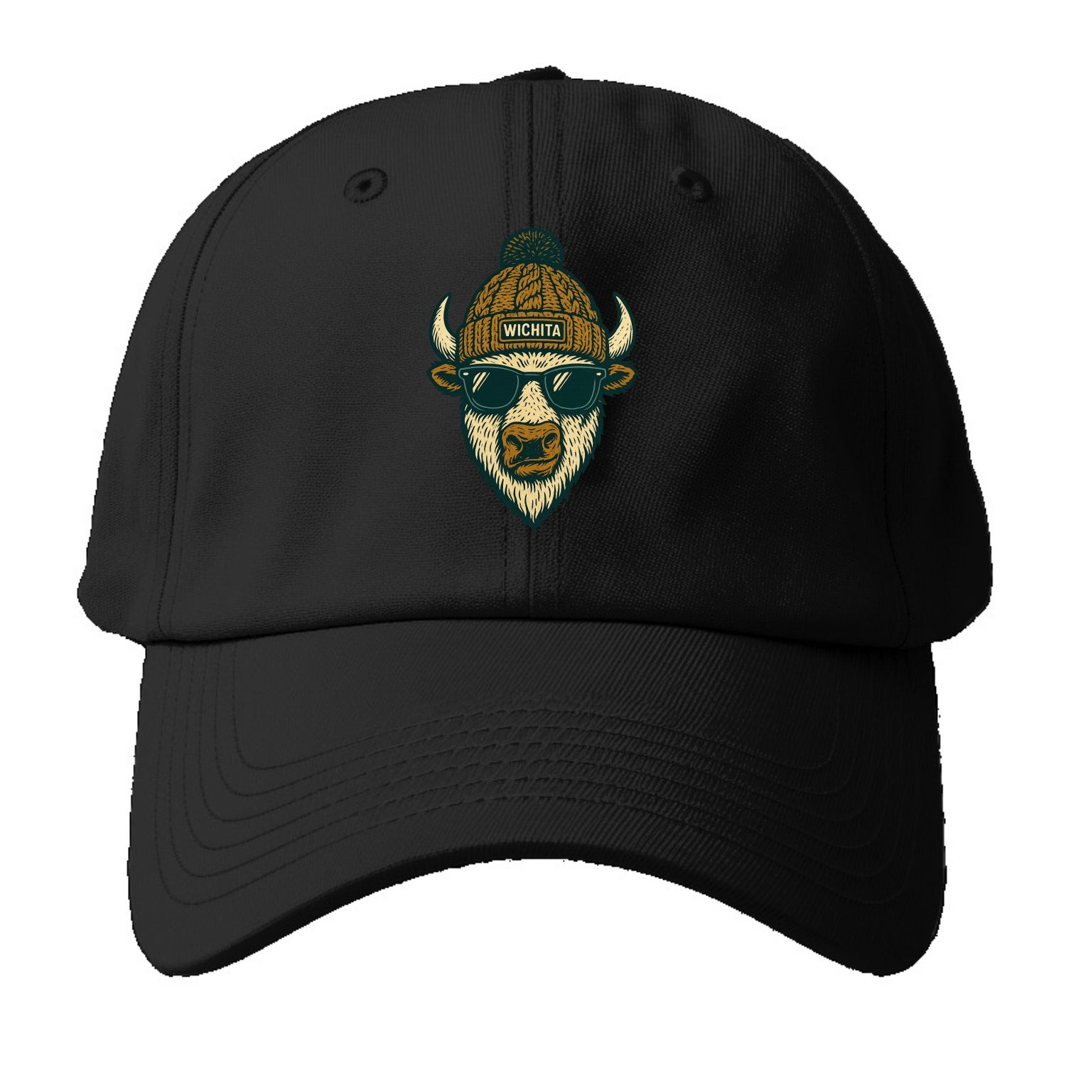 Kansas American Bison wearing Wichita beanie with pom pom and wayfarer sunglasses - Baseball Cap - Black