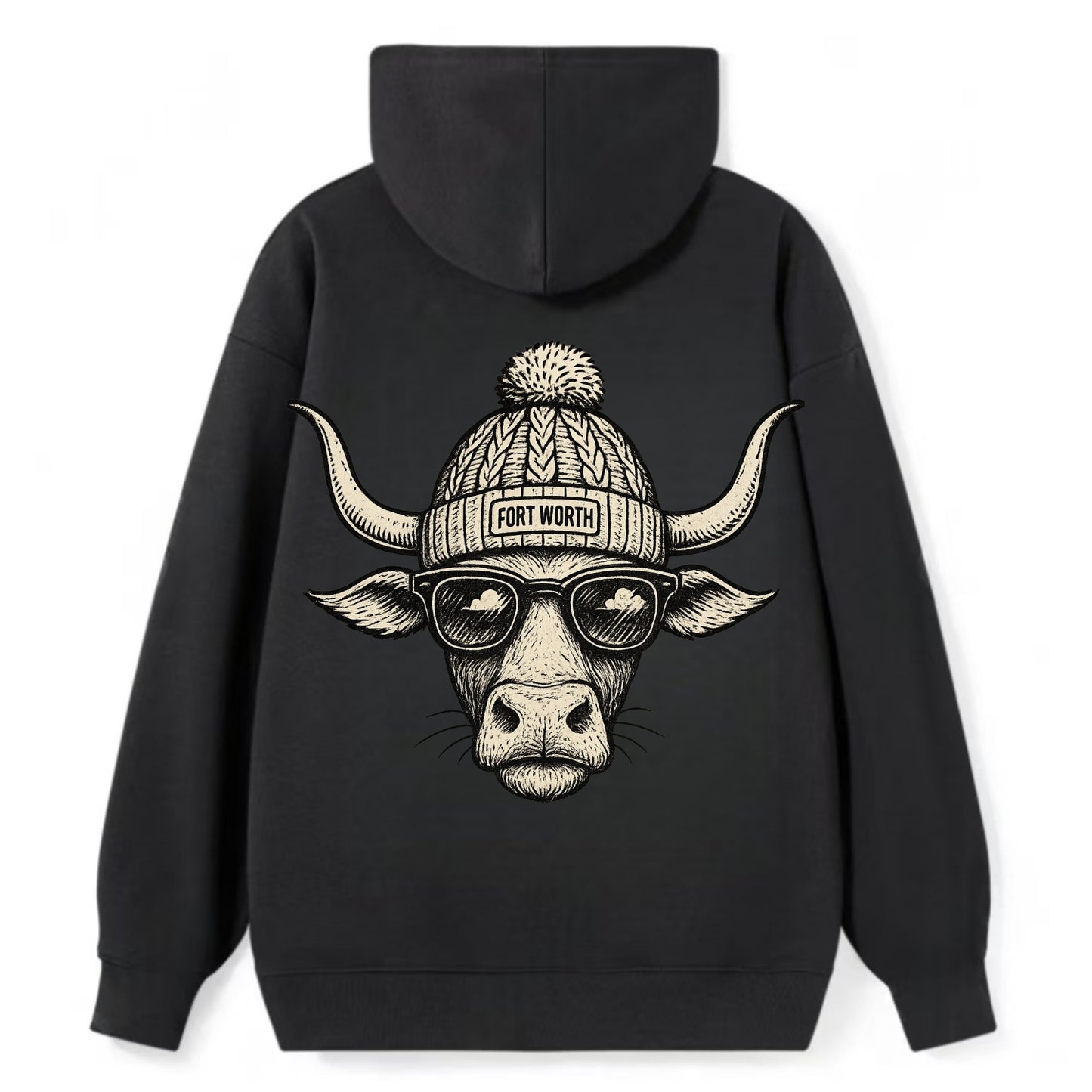 Fort Worth Longhorn wearing Fort Worth beanie with pom pom and wayfarer - Classic Pullover Hoodie - Black