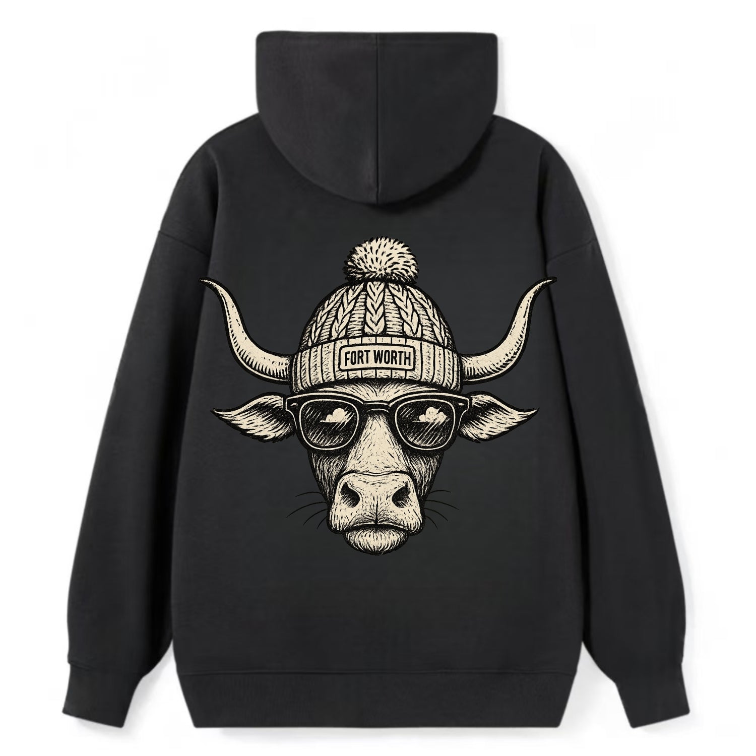 Fort Worth Longhorn wearing Fort Worth beanie with pom pom and wayfarer - Classic Pullover Hoodie - Black